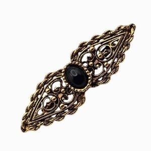 Vintage Filigree Brooch Gold Tone Black Glass Cabochon Victorian Style 2" Pin